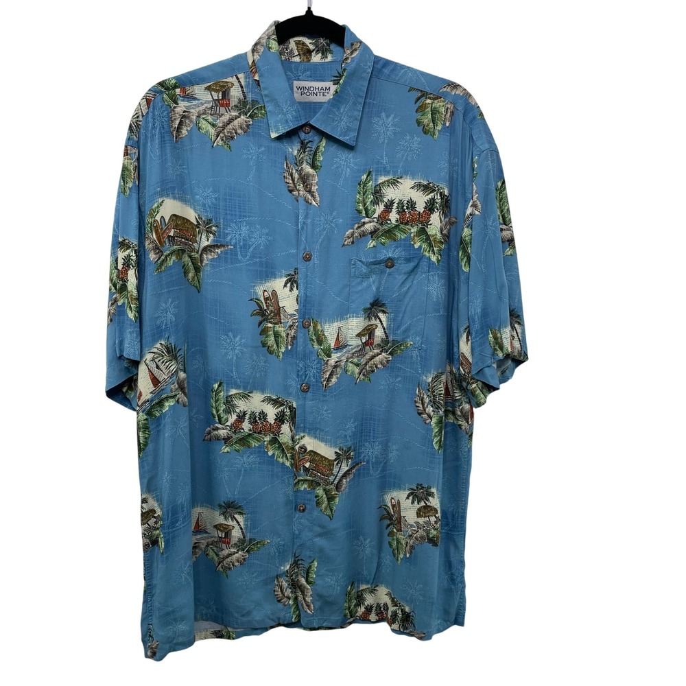 Windham Pointe Mens Blue Tropical Hawaiian Shirt Rayon Pineapple Sailboat Medium